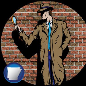 a private detective with a brick wall background - with Arkansas icon