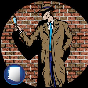 a private detective with a brick wall background - with Arizona icon