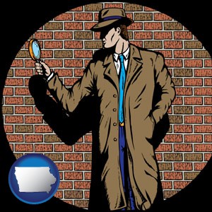 a private detective with a brick wall background - with Iowa icon