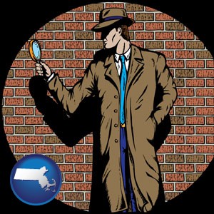 a private detective with a brick wall background - with Massachusetts icon