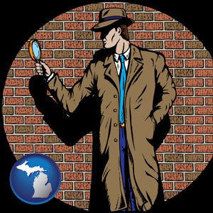 a private detective with a brick wall background - with Michigan icon