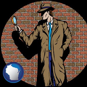 a private detective with a brick wall background - with Wisconsin icon
